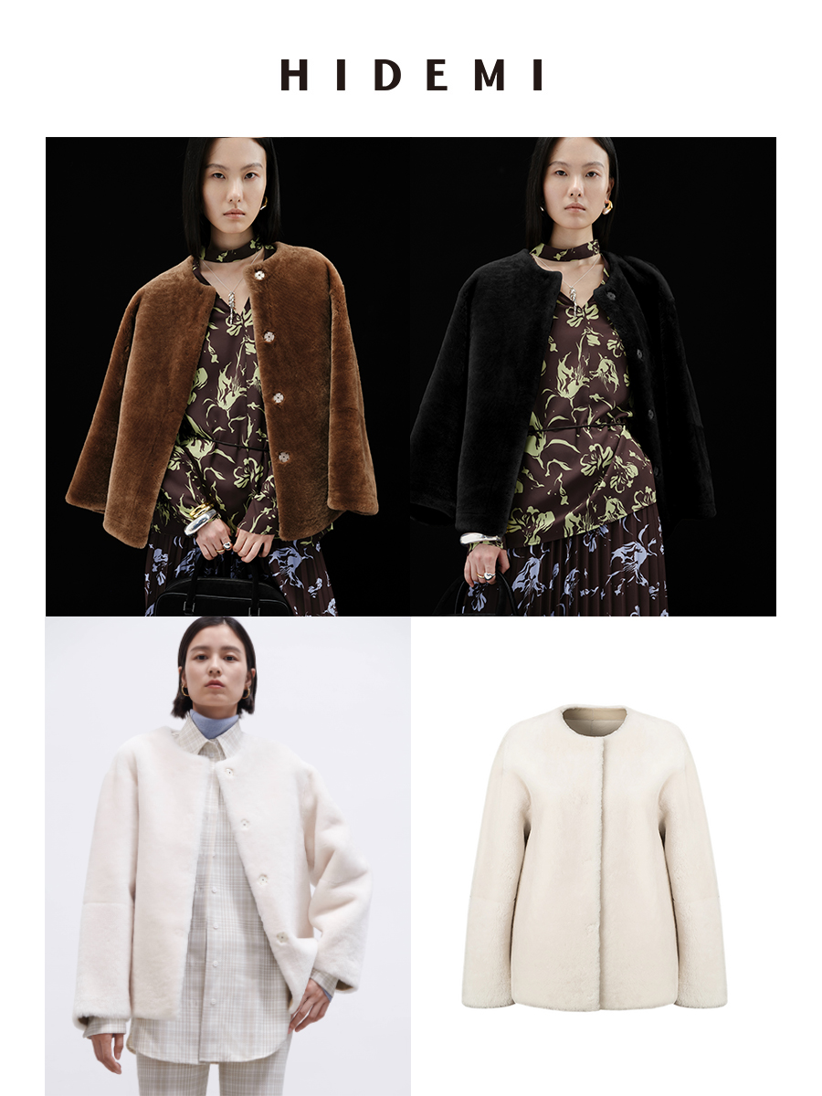 HIDEMI皮毛一体简约圆领短款皮草大衣皮衣