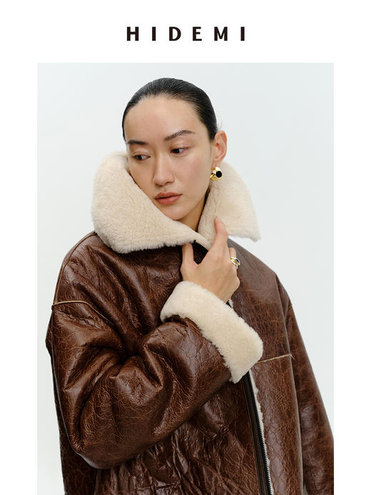 HIDEMI西班牙皮毛一体咖啡色双色双面极简拉链大翻领中长款皮衣大衣 商品图0