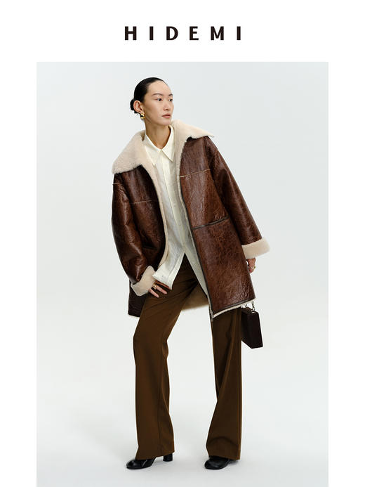 HIDEMI西班牙皮毛一体咖啡色双色双面极简拉链大翻领中长款皮衣大衣 商品图1