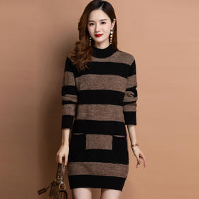 FCSR8828 连衣裙女2022年秋冬新款时尚气质修身条纹中长裙针织长袖毛衣裙子