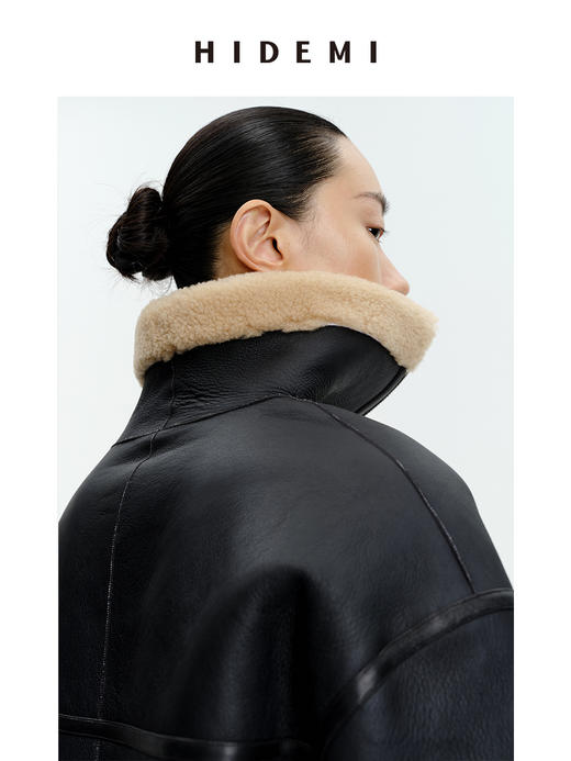 HIDEMI西班牙皮毛一体黑棕双色双面极简拉链大翻领大衣 商品图9