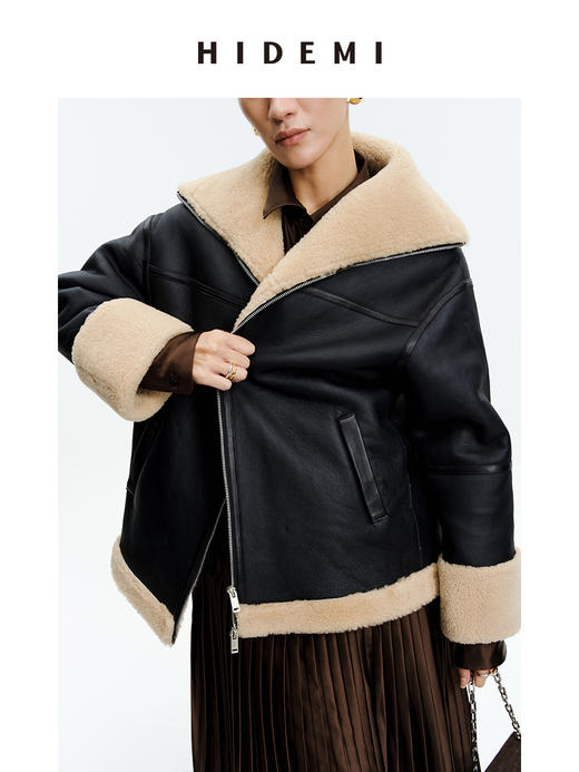 HIDEMI西班牙皮毛一体黑棕双色双面极简拉链大翻领大衣 商品图5