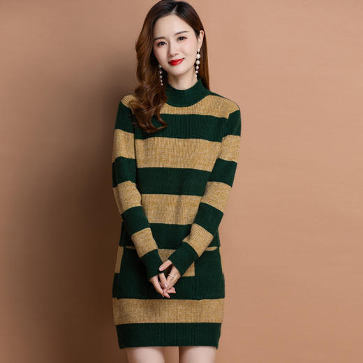 FCSR8828 连衣裙女2022年秋冬新款时尚气质修身条纹中长裙针织长袖毛衣裙子 商品图2