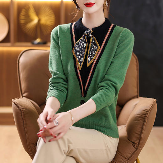 SC33-92003 假两件毛衣时尚洋气飘带针织衫2022新款秋季上衣女长袖拼色打底衫 商品图2