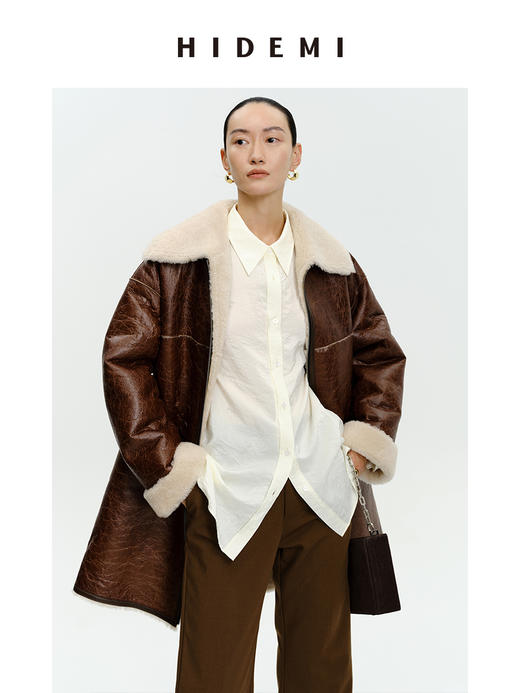HIDEMI西班牙皮毛一体咖啡色双色双面极简拉链大翻领中长款皮衣大衣 商品图4