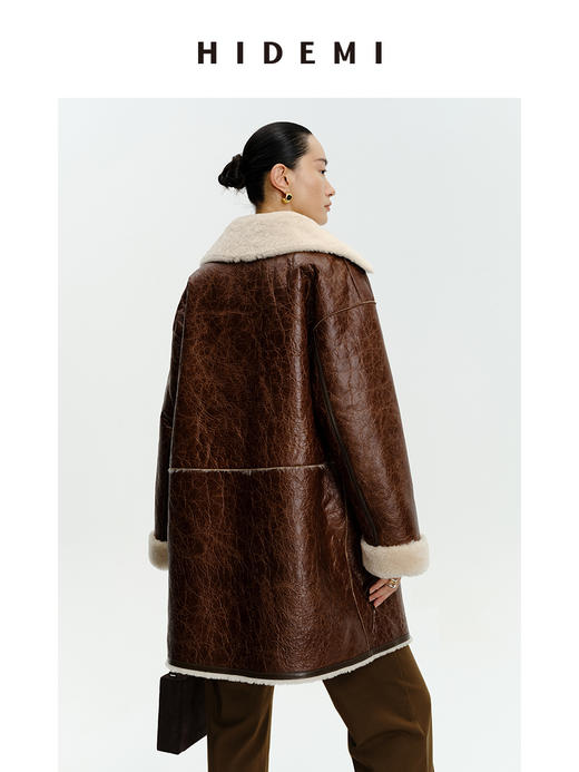 HIDEMI西班牙皮毛一体咖啡色双色双面极简拉链大翻领中长款皮衣大衣 商品图6