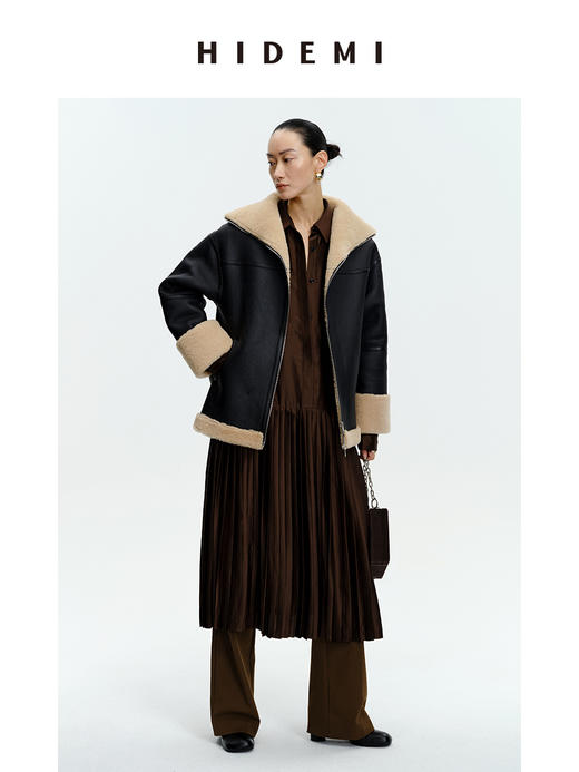 HIDEMI西班牙皮毛一体黑棕双色双面极简拉链大翻领大衣 商品图1