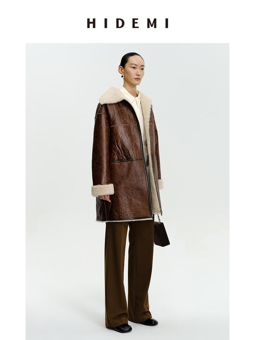 HIDEMI西班牙皮毛一体咖啡色双色双面极简拉链大翻领中长款皮衣大衣 商品图7