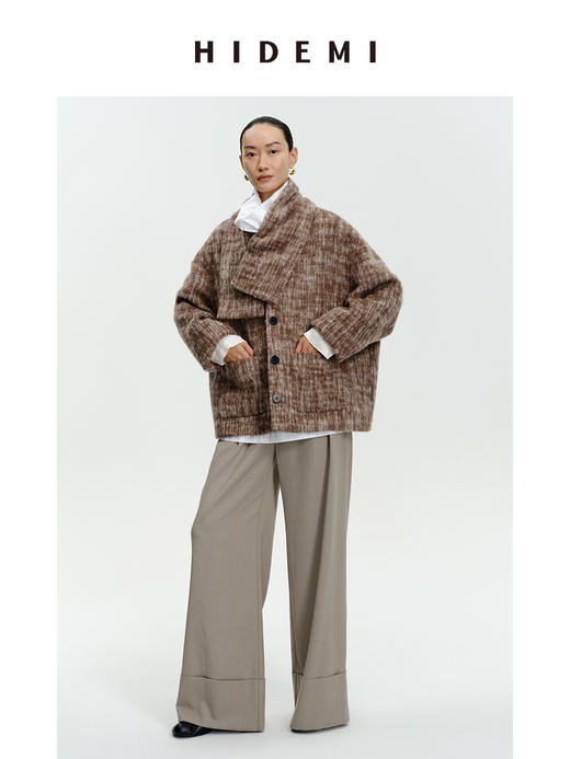 HIDEMI 羊毛色织混纺翻领多穿式加厚极简气质廓形长款大衣/围巾短外套 商品图11