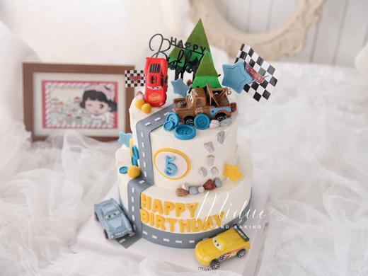 男孩款  麦昆 公路 卡通小汽车 糖牌 翻糖 周岁 双层蛋糕 商品图2
