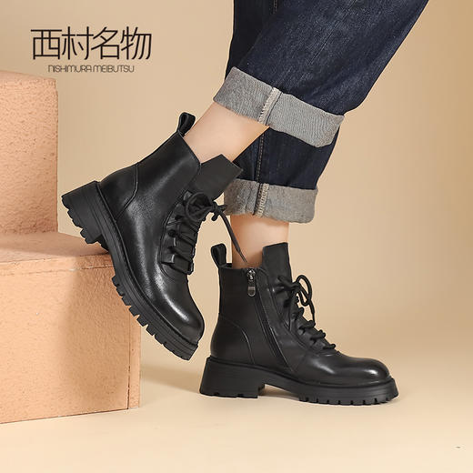 西村名物2022秋冬季新款厚底马丁靴圆头系带增高女舒适短靴44931 商品图4