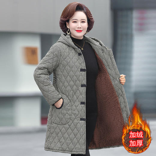 YCE A322-105 加绒加厚棉衣中年女冬装中长款格子棉袄中老年盘扣连帽棉服 商品图1