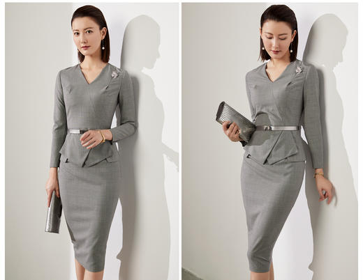 颈袖添香-连衣裙-J20384594A 装新款通勤修身女士气质时尚名媛长袖职场包臀连衣裙 商品图3