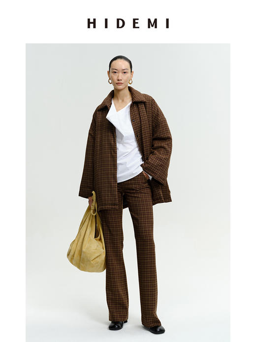 HIDEMI 【赵丽颖同款】格纹色织廓形棉服套装 外套/微喇裤 商品图0