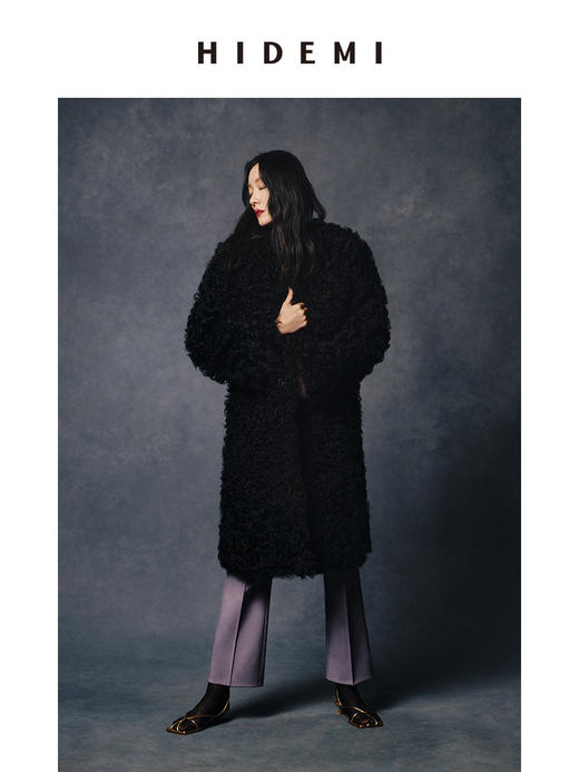 HIDEMI 西班牙皮毛一体黑色长款廓形皮扣大衣外套 商品图0