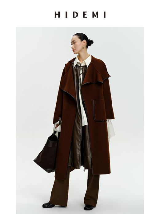 HIDEMI 不对称斜门襟设计感皮边镶嵌工艺大衣 商品图1