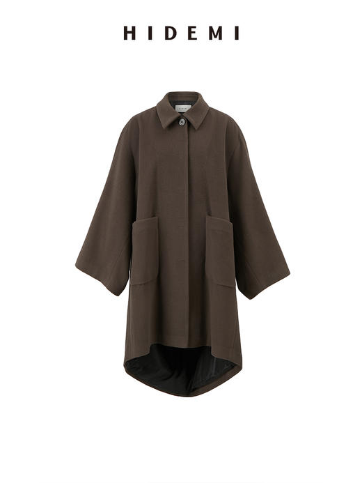 HIDEMI 摩卡色口袋极简大廓形前短后长式羊毛大衣 商品图14