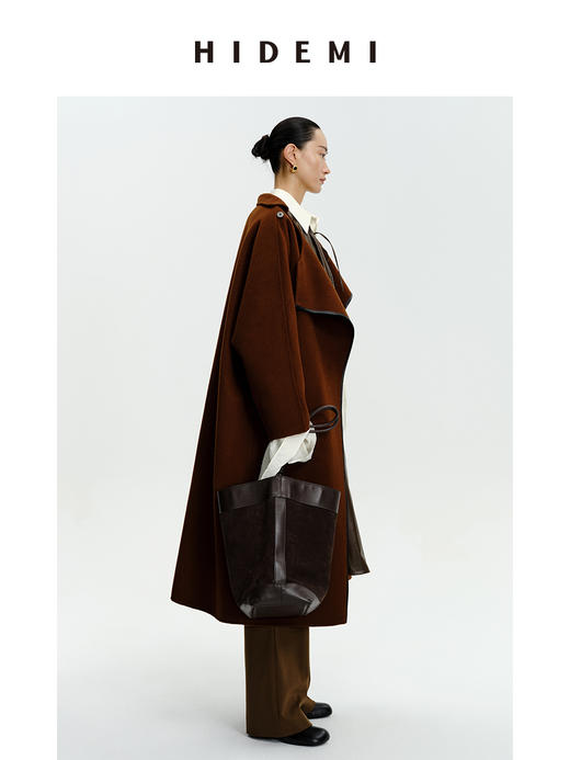 HIDEMI 不对称斜门襟设计感皮边镶嵌工艺大衣 商品图9