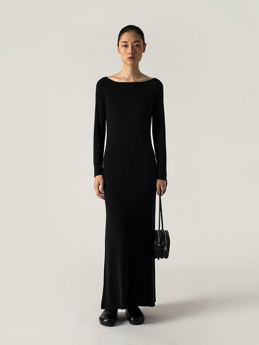 322工房垂坠打底裙2022年秋冬新款丝羊绒纯色一字肩显瘦连衣裙女 商品图3