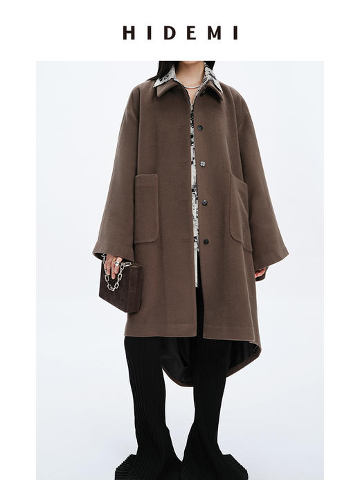HIDEMI 摩卡色口袋极简大廓形前短后长式羊毛大衣 商品图2