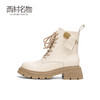 西村名物2022冬季撞色粗跟厚底靴子女短靴白色英伦马丁靴女44401 商品缩略图2