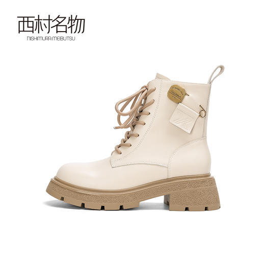 西村名物2022冬季撞色粗跟厚底靴子女短靴白色英伦马丁靴女44401 商品图2