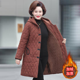 YCE A322-105 加绒加厚棉衣中年女冬装中长款格子棉袄中老年盘扣连帽棉服