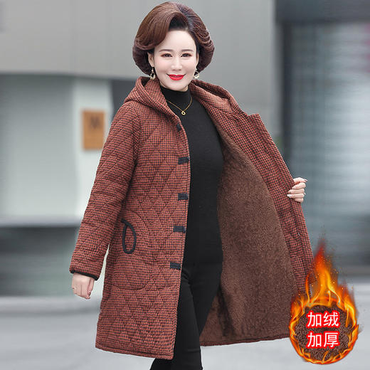 YCE A322-105 加绒加厚棉衣中年女冬装中长款格子棉袄中老年盘扣连帽棉服 商品图0
