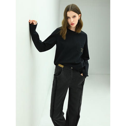 COCOBELLA字母刺绣口袋气质长袖T恤女舒适纯棉打底上衣TS96 商品图2