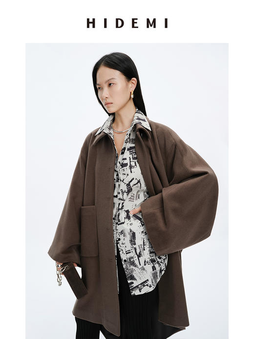HIDEMI 摩卡色口袋极简大廓形前短后长式羊毛大衣 商品图7