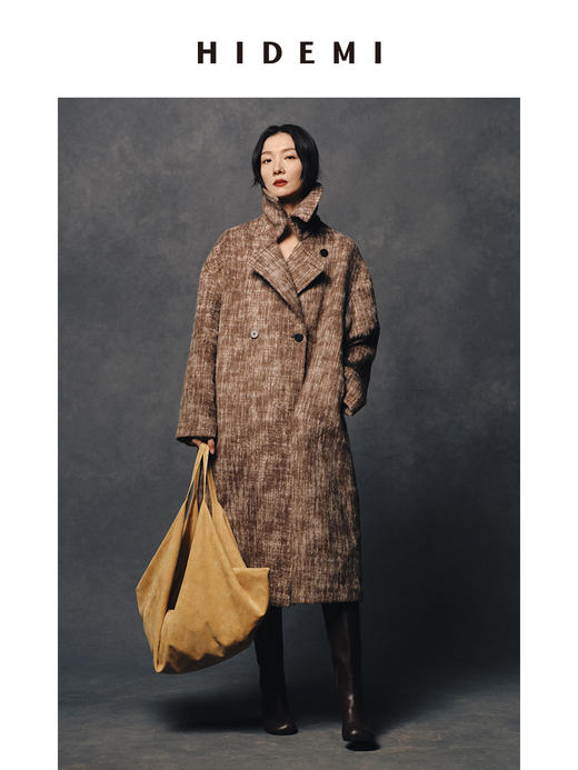 HIDEMI 羊毛色织混纺翻领多穿式加厚极简气质廓形长款大衣/围巾短外套 商品图0
