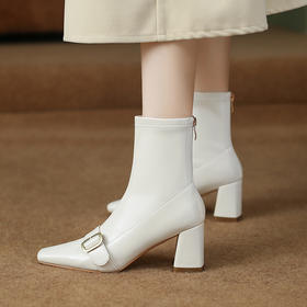 方头粗高跟，米白OL皮带扣弹力短靴  KC-YM-7128
