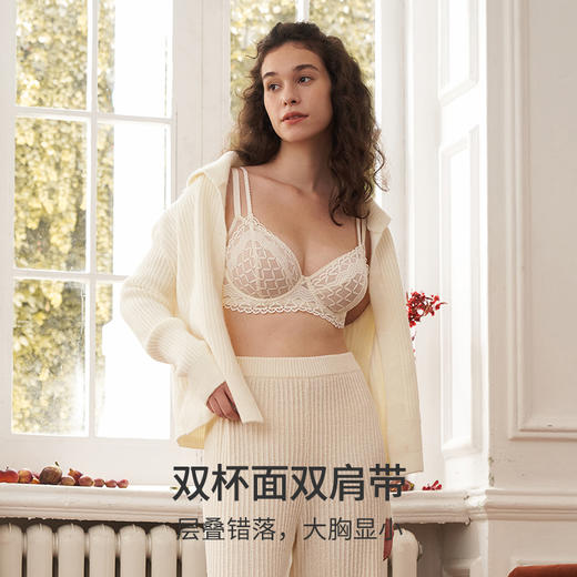 HSIA遐 大胸显小内衣女轻薄3/4杯双肩带性感网格摩登几何蕾丝文胸 商品图4