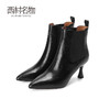 西村名物欧美短靴优雅尖头细跟羊皮压纹黑色皮靴女显瘦气质44881 商品缩略图2