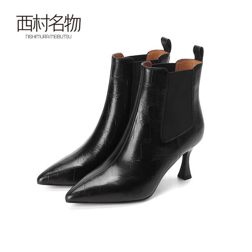 西村名物欧美短靴优雅尖头细跟羊皮压纹黑色皮靴女显瘦气质44881 商品图2
