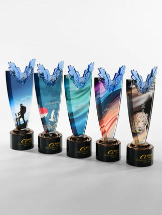 创意水晶奖杯定做胜利蓝色琉璃翅膀高档大气彩印优秀员工退休纪念 商品图2