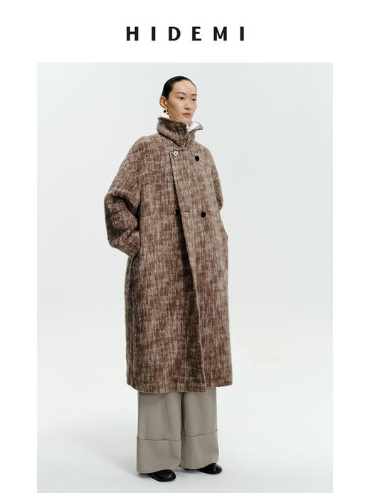 HIDEMI 羊毛色织混纺翻领多穿式加厚极简气质廓形长款大衣/围巾短外套 商品图3