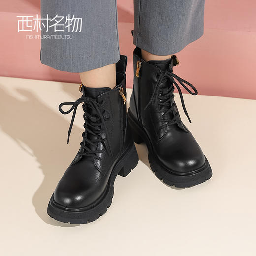 西村名物2022冬季撞色粗跟厚底靴子女短靴白色英伦马丁靴女44401 商品图3