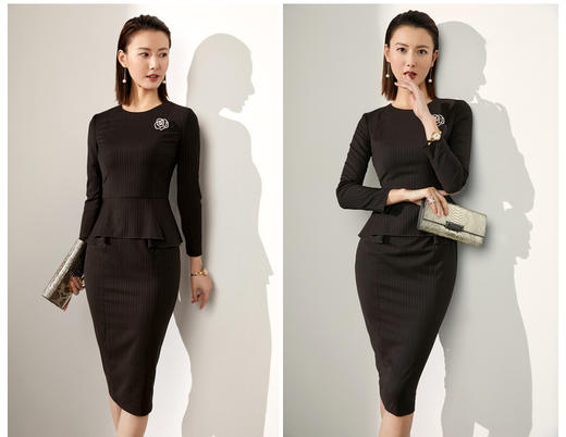 “咖啡时间”颈袖添香-连衣裙-J20384557A 装新款通勤修身女士气质时尚名媛长袖职场包臀连衣裙 商品图3
