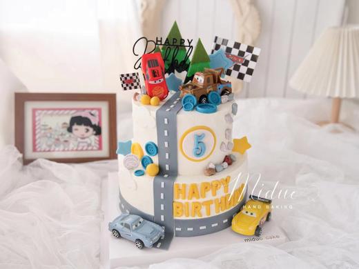 男孩款  麦昆 公路 卡通小汽车 糖牌 翻糖 周岁 双层蛋糕 商品图0