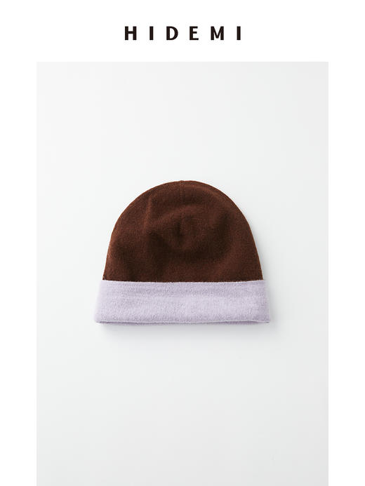 HIDEMI 美利奴羊毛系列棕紫双层双色两带圆帽针织帽 商品图0