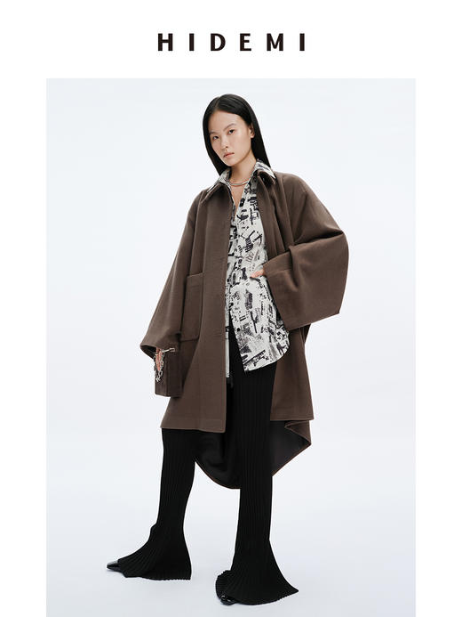 HIDEMI 摩卡色口袋极简大廓形前短后长式羊毛大衣 商品图6