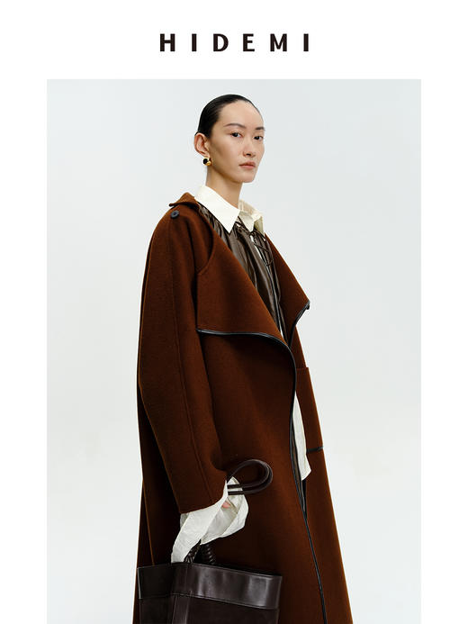 HIDEMI 不对称斜门襟设计感皮边镶嵌工艺大衣 商品图10