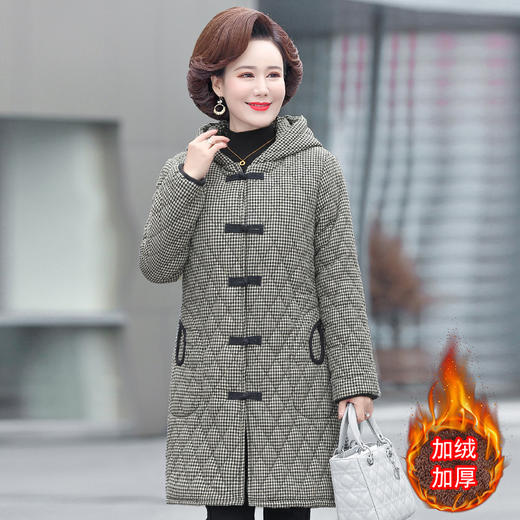 YCE A322-105 加绒加厚棉衣中年女冬装中长款格子棉袄中老年盘扣连帽棉服 商品图2
