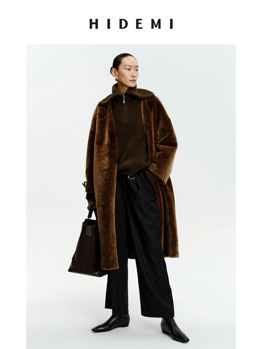 HIDEMI 棕色V领浴袍腰带式极简廓形中长款皮毛一体大衣皮衣 商品图2