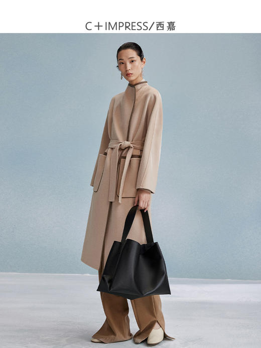 西嘉西嘉 高支全羊毛皮包边赫本风毛呢大衣女双面羊毛外套时尚洋气 商品图2