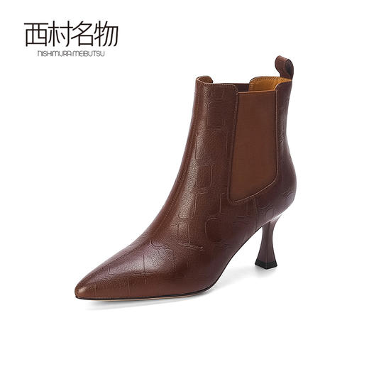西村名物欧美短靴优雅尖头细跟羊皮压纹黑色皮靴女显瘦气质44881 商品图1