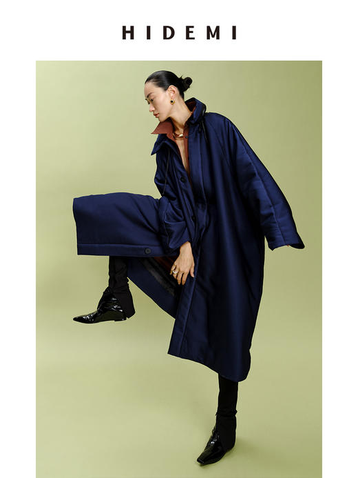 HIDEMI拼皮立领极简大廓型长款棉服 商品图0