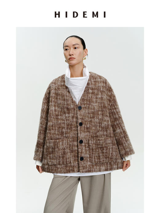 HIDEMI 羊毛色织混纺翻领多穿式加厚极简气质廓形长款大衣/围巾短外套 商品图9