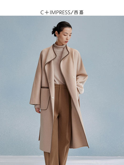 西嘉西嘉 高支全羊毛皮包边赫本风毛呢大衣女双面羊毛外套时尚洋气 商品图0